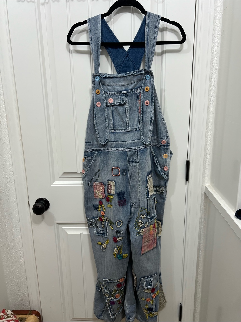 Blue Velvet Fun and Funky Overalls with Colorful Embroidery and Patchwork.